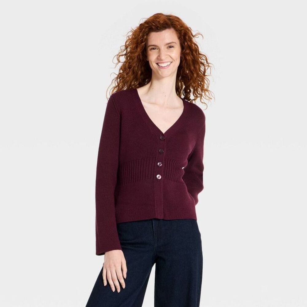 Women's Button-Up Hourglass Ribbed V-Neck Cardigan Sweater - Burgundy XS